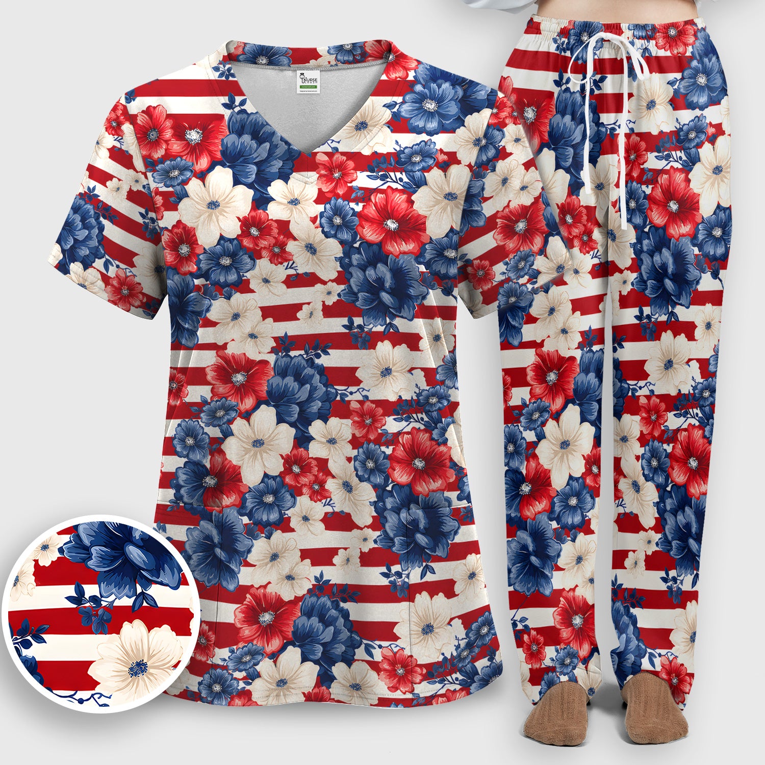 Patriotic Floral Nurse for RN & CNA, American Flag Healthcare Workers Medical Uniform Scrub Set, Scrub Pants and V Neck Top