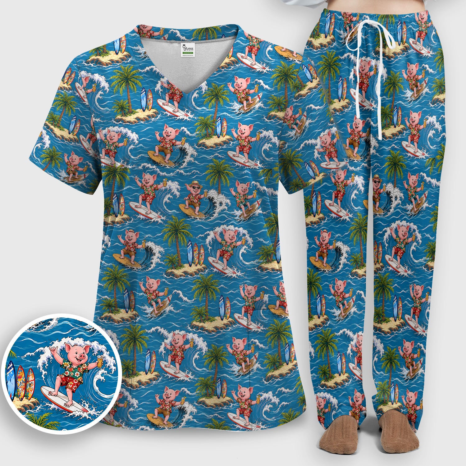 Tropical Surfing Pig Island Pattern Scrub Set, Scrub Pants and V Neck Top
