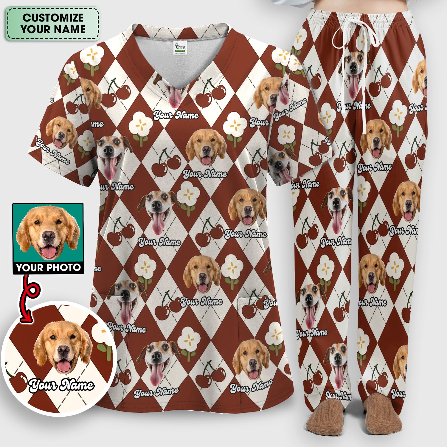 Custom Dog Face Scrub Set, Playful Dog Cherry Argyle Pattern Shirt, Breathable Fabrics Nursing Uniform