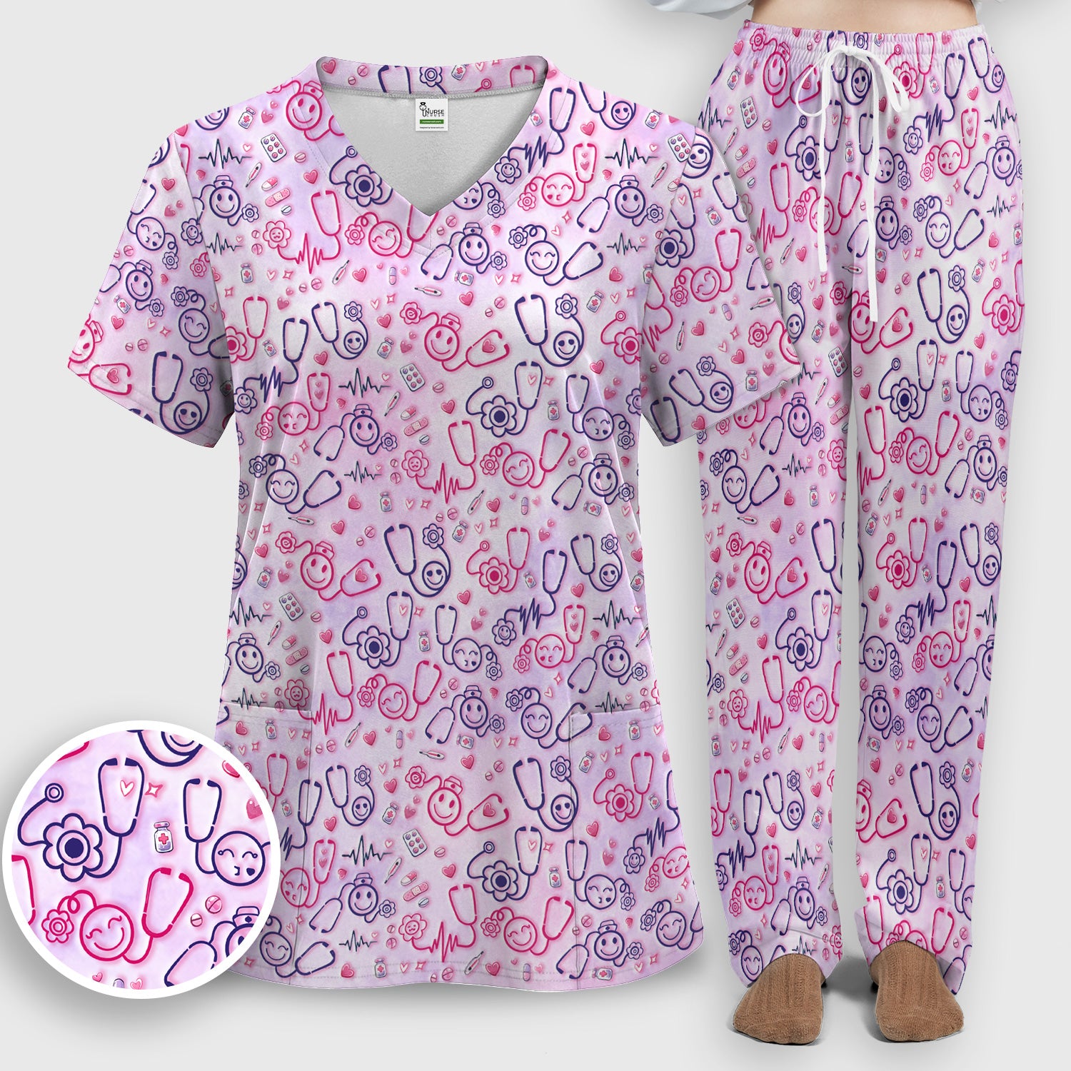 Stethoscope Heart Cute Icon Print Scrub Set, Breathable Med Uniform