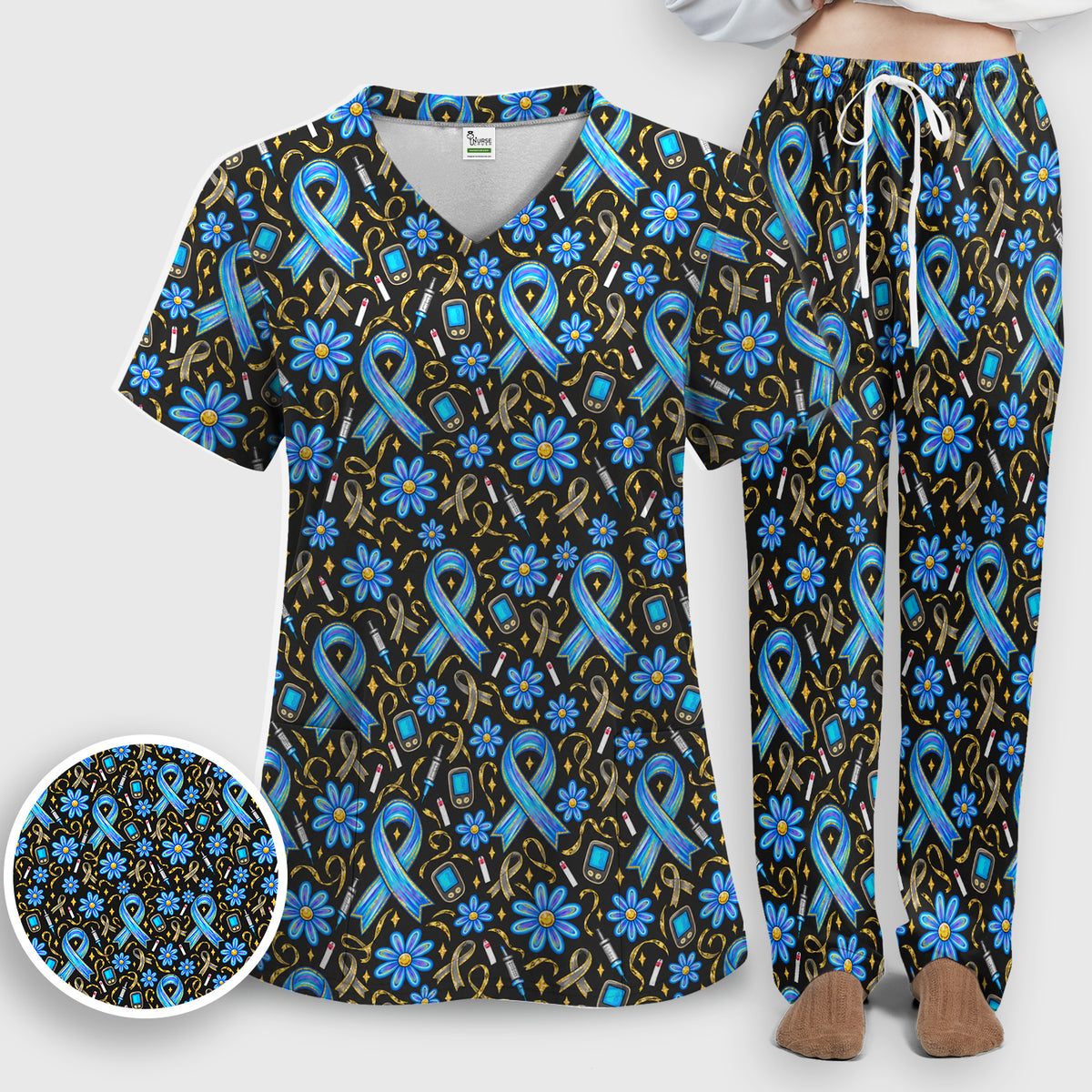 Diabetes Awareness Ribbon Pattern Scrub Set, Scrub Pants and V Neck Top