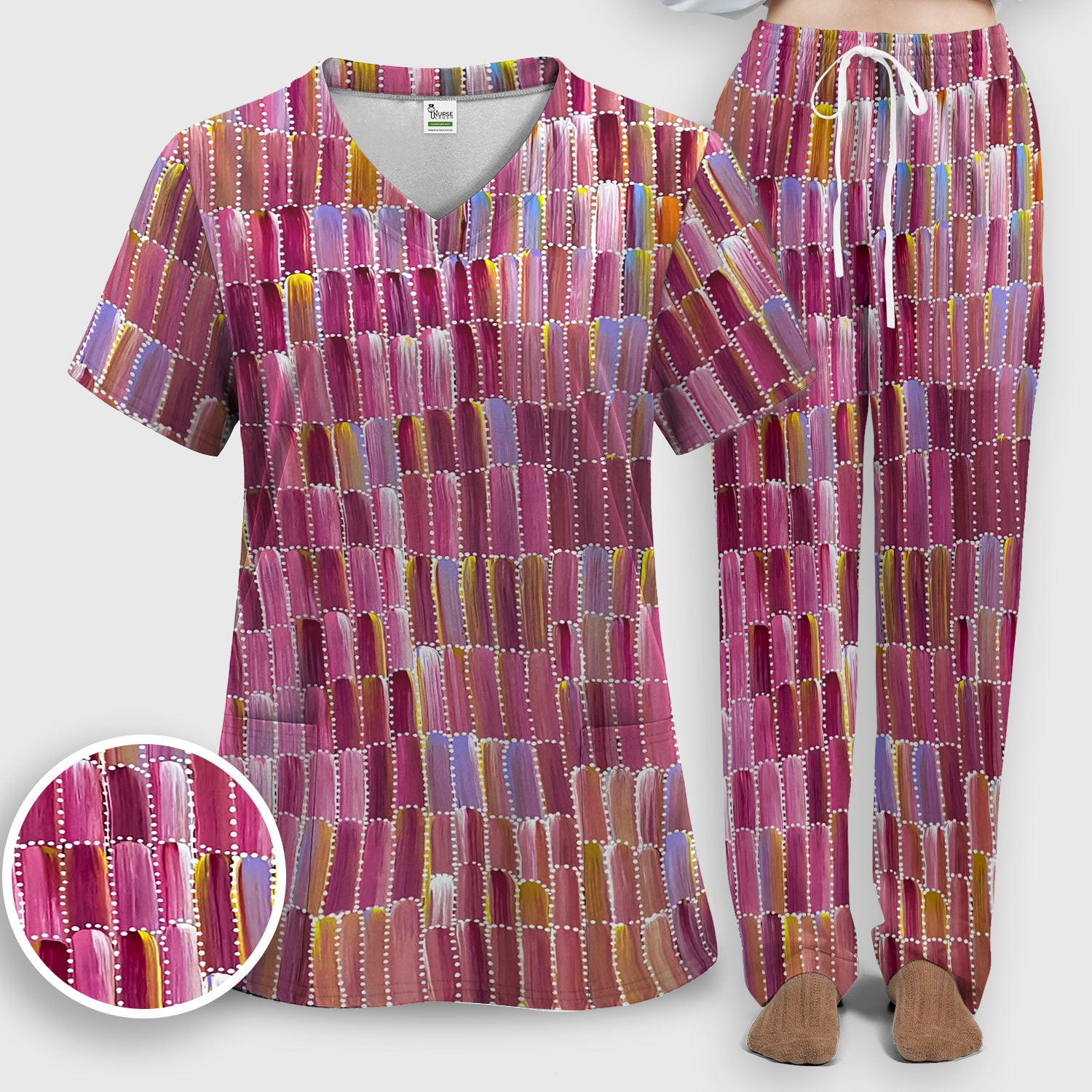 Colorful Abstract Brushstroke Dotted Pattern Scrub Set, Scrub Pants and V Neck Top