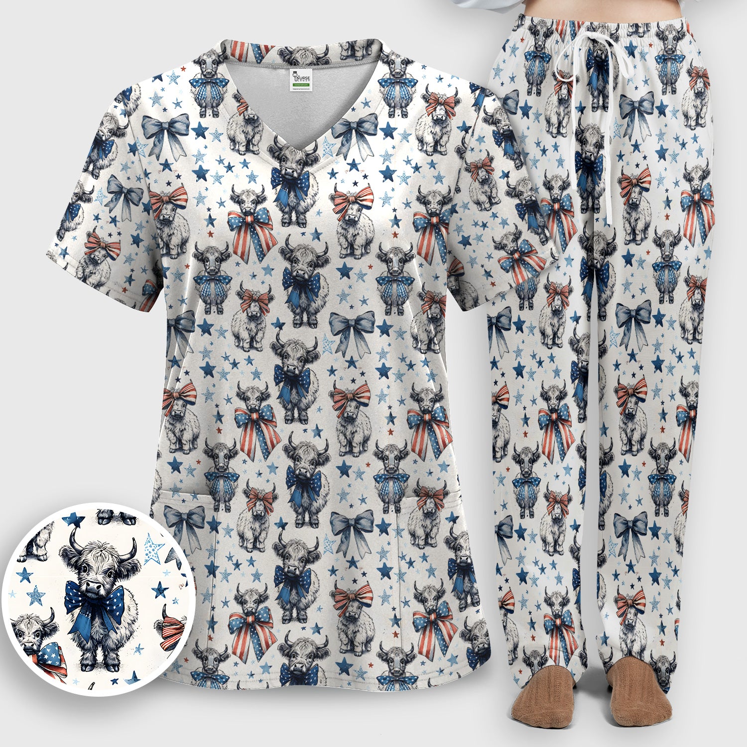 Patriotic Highland Cow Stars Pattern Scrub Set, Scrub Pants and V Neck Top