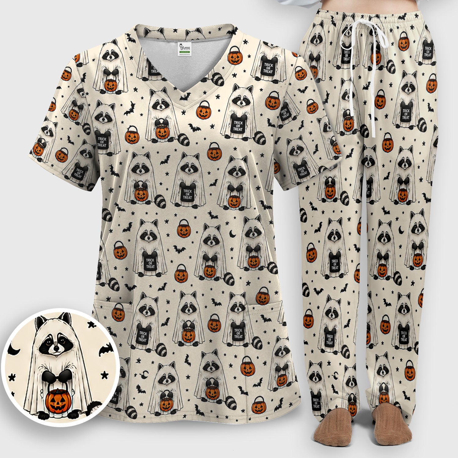 Cute Halloween Ghost Raccoon Scrub Set, Scrub Pants and V Neck Top