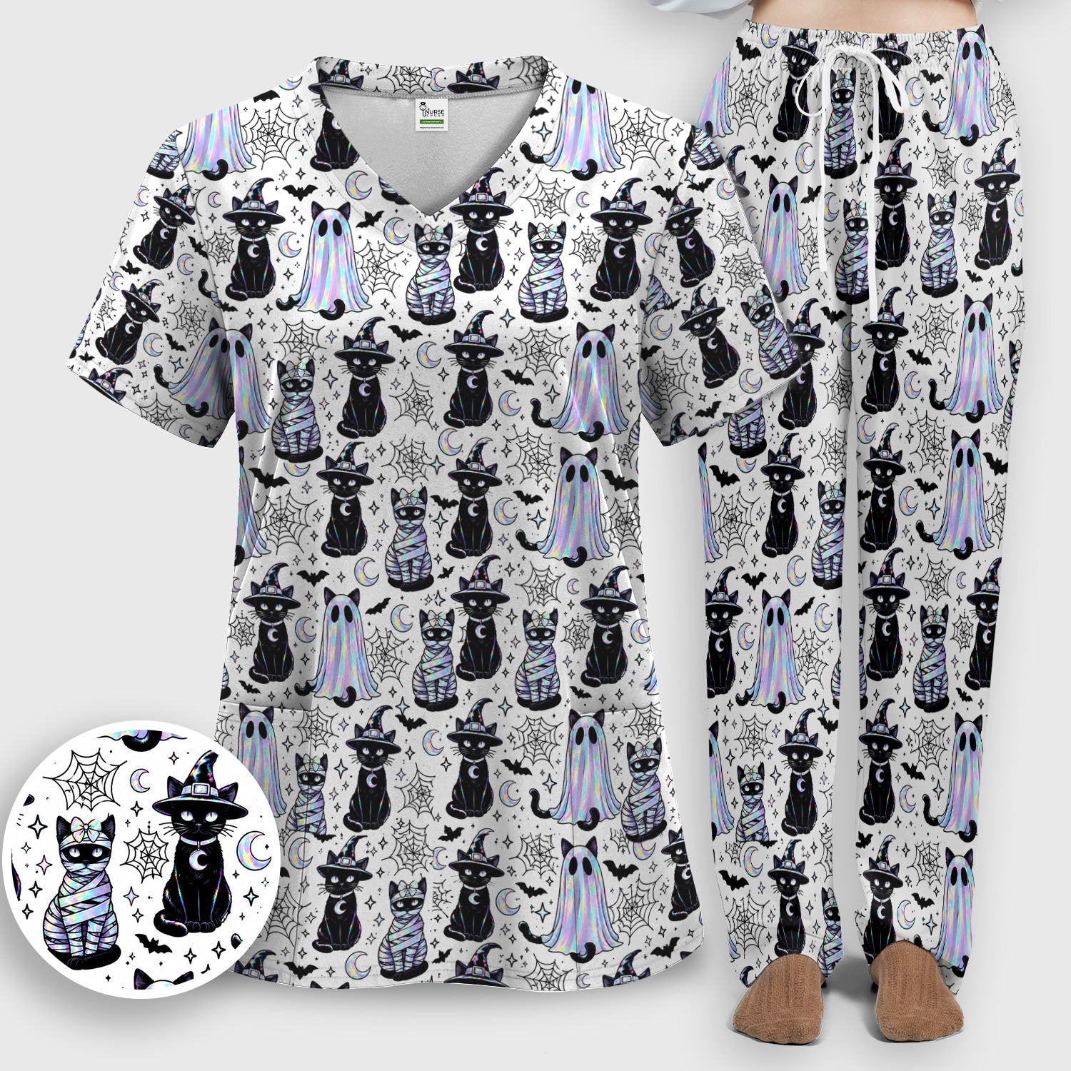 Ghost Witch Cat Pattern Scrub Set, Scrub Pants and V Neck Top