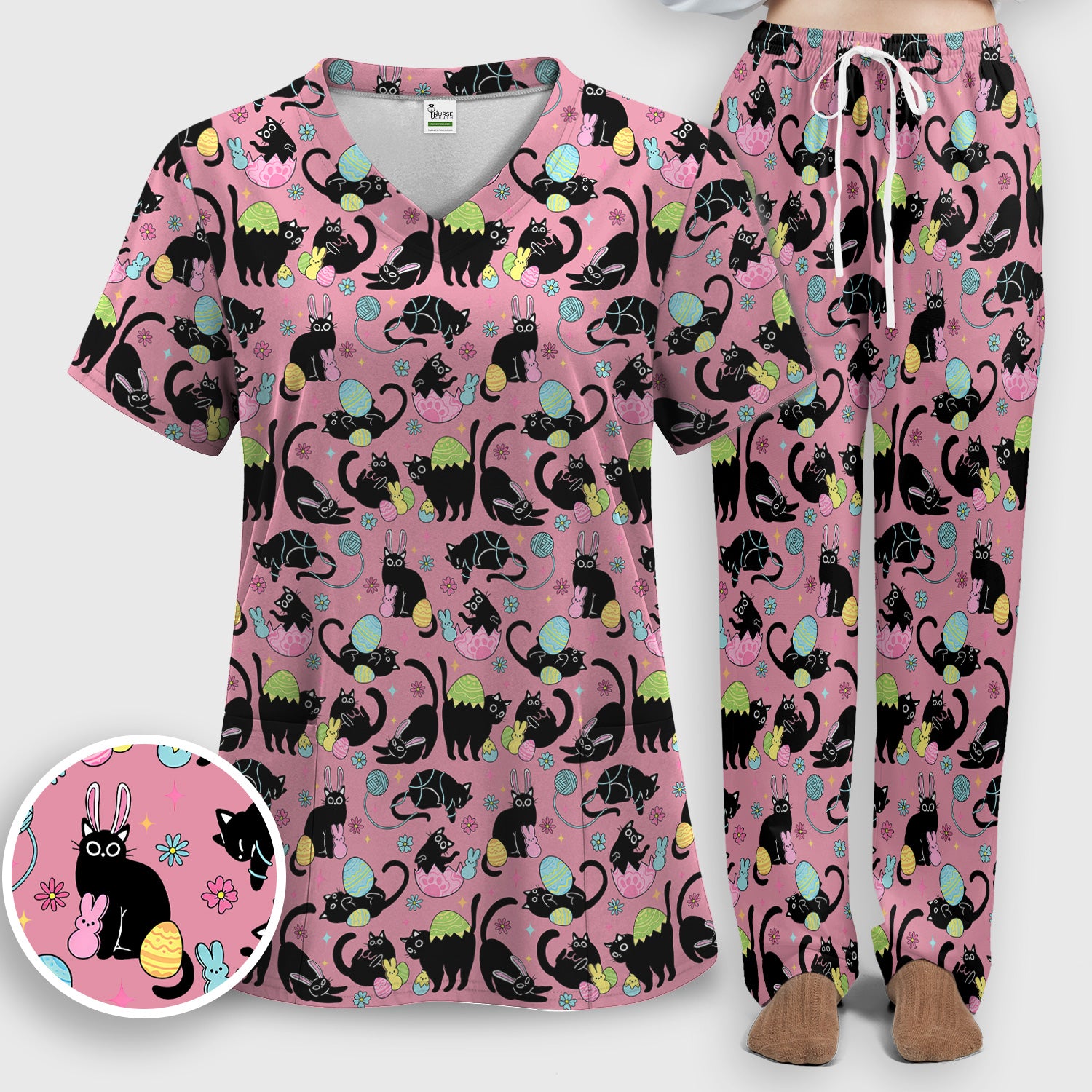 Funny Easter Black Cat Egg Pattern Scrub Set, Scrub Pants and V Neck Top