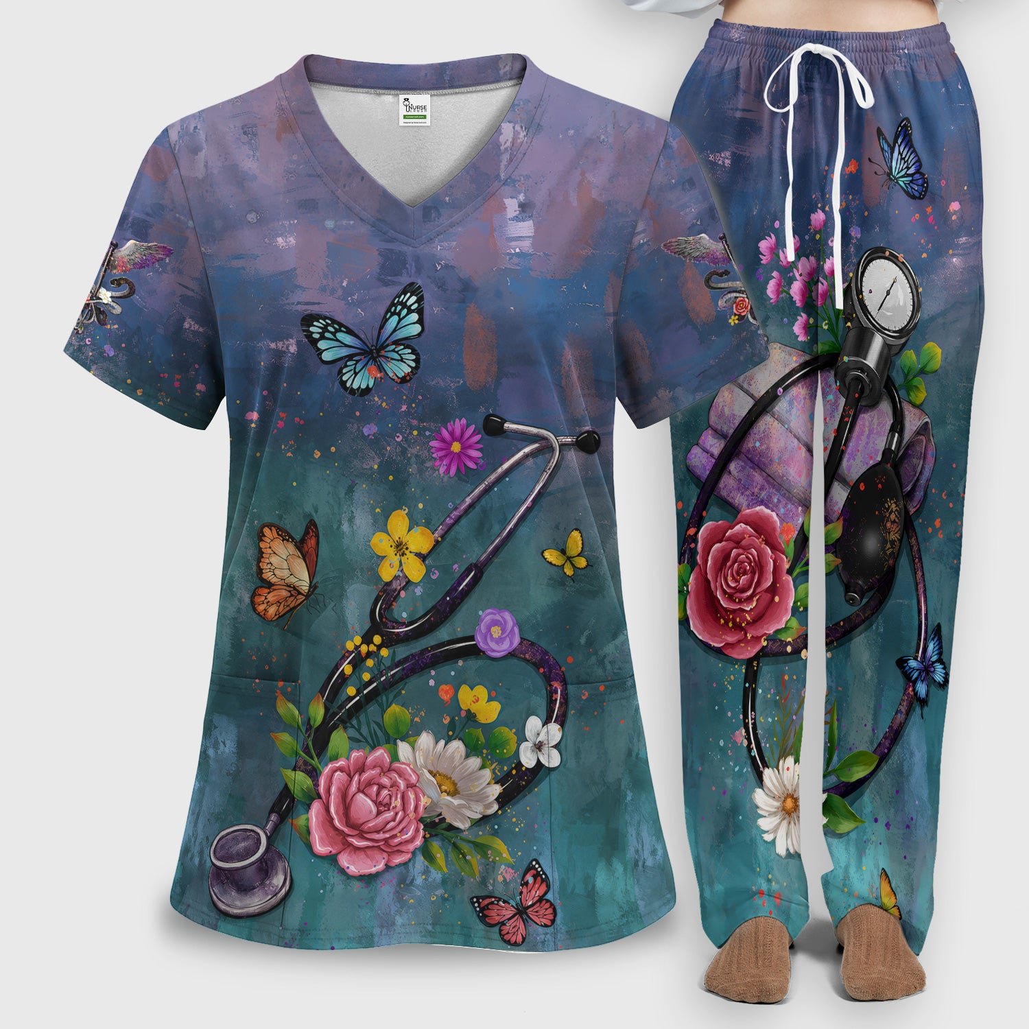 Floral Stethoscope Nurse Pattern Scrub Set, Scrub Pants and V Neck Top