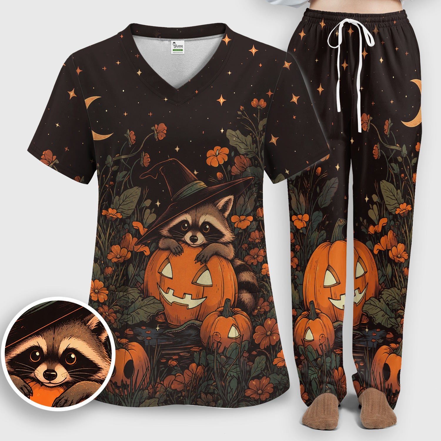 Spooky Halloween Raccoon Print Scrub Set, Scrub Pants and V Neck Top