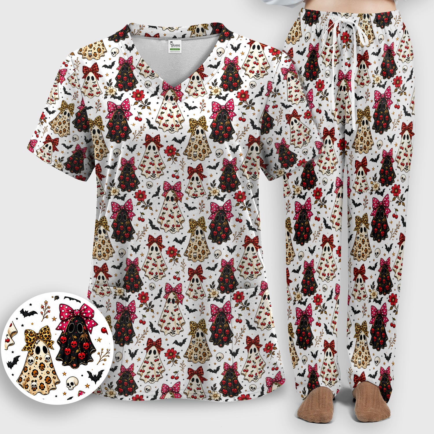 Spooky Halloween Ghost Pattern Scrub Set, Scrub Pants and V Neck Top