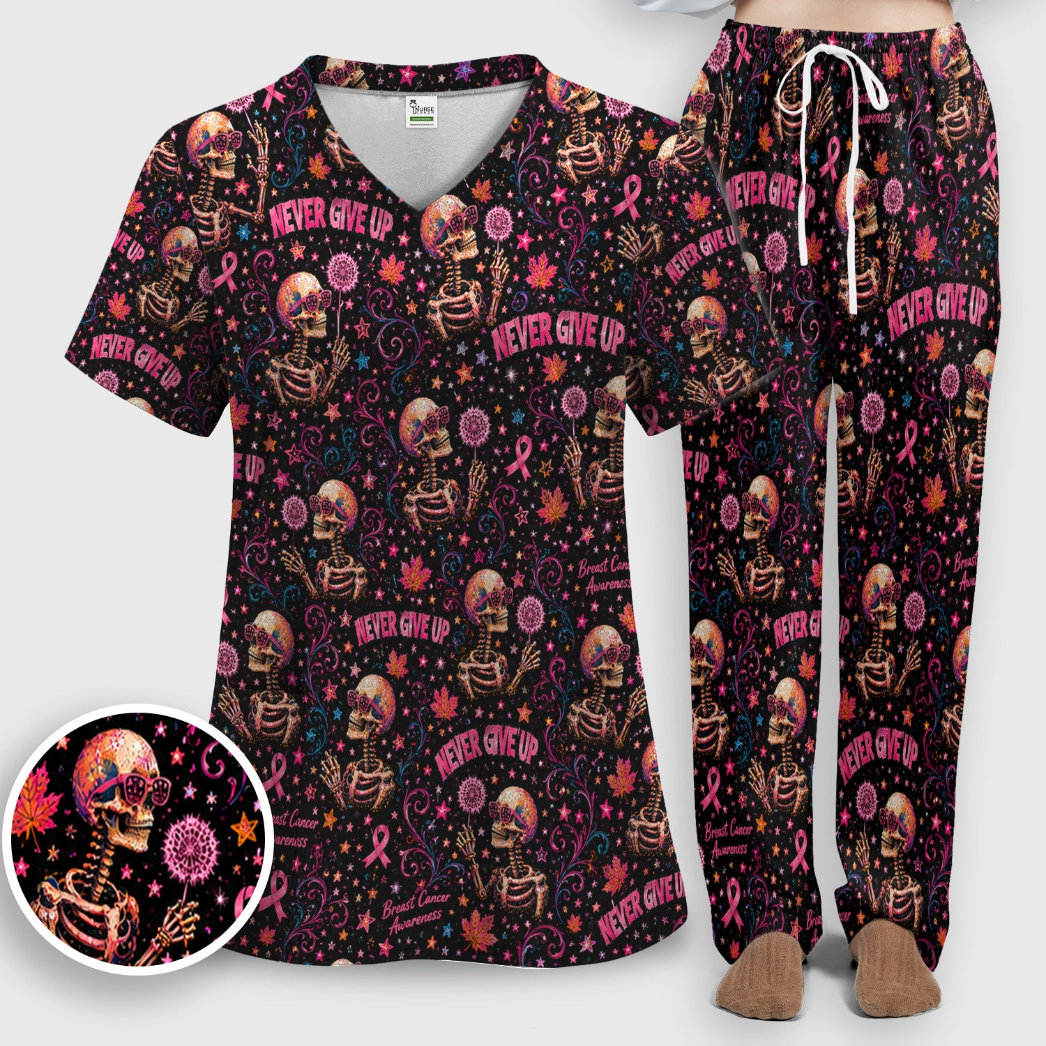 Breast Cancer Awareness Skeletons Pattern Scrub Set, Scrub Pants and V Neck Top
