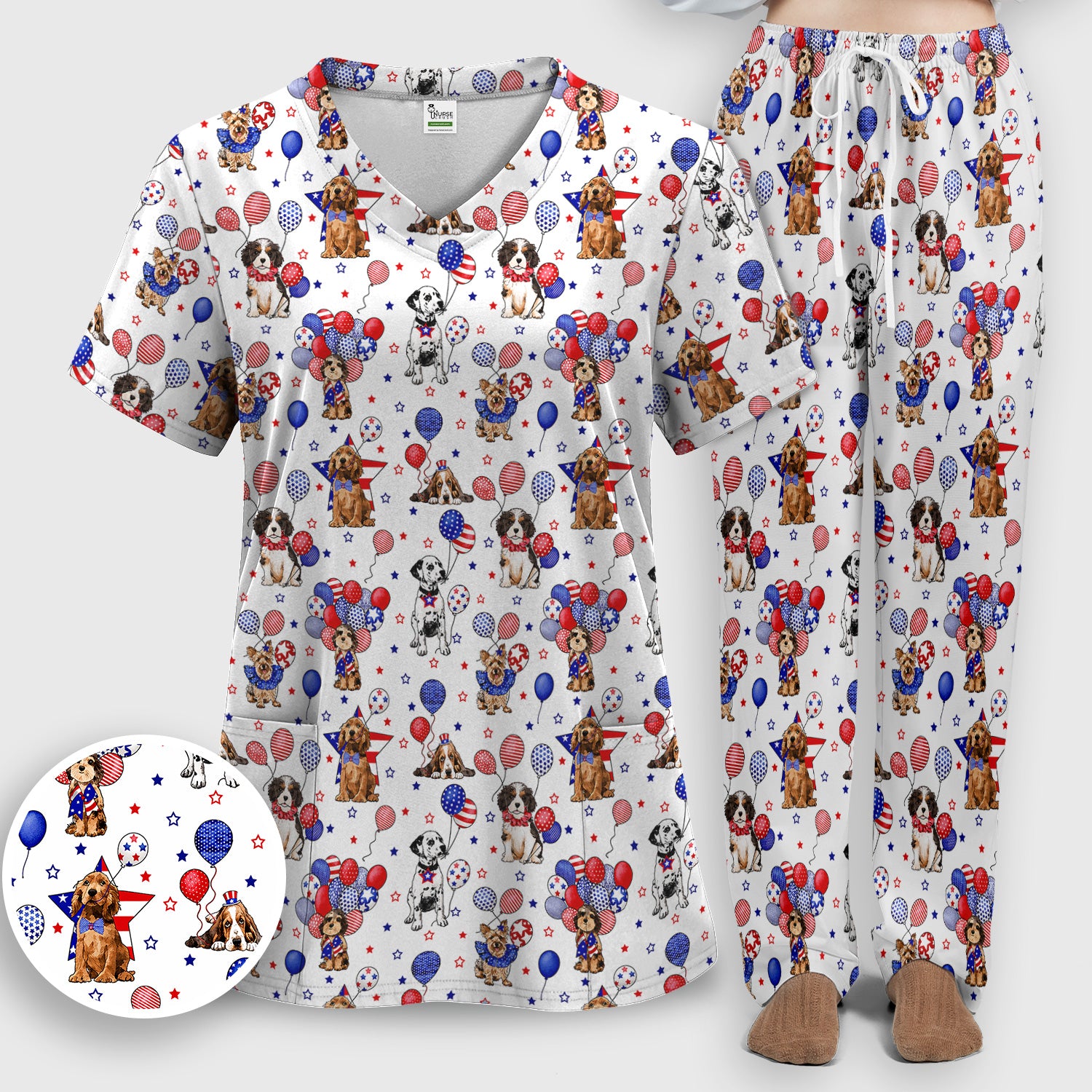 Patriotic Dogs With USA Flag Balloons Pattern Scrub Set, Scrub Pants and V Neck Top