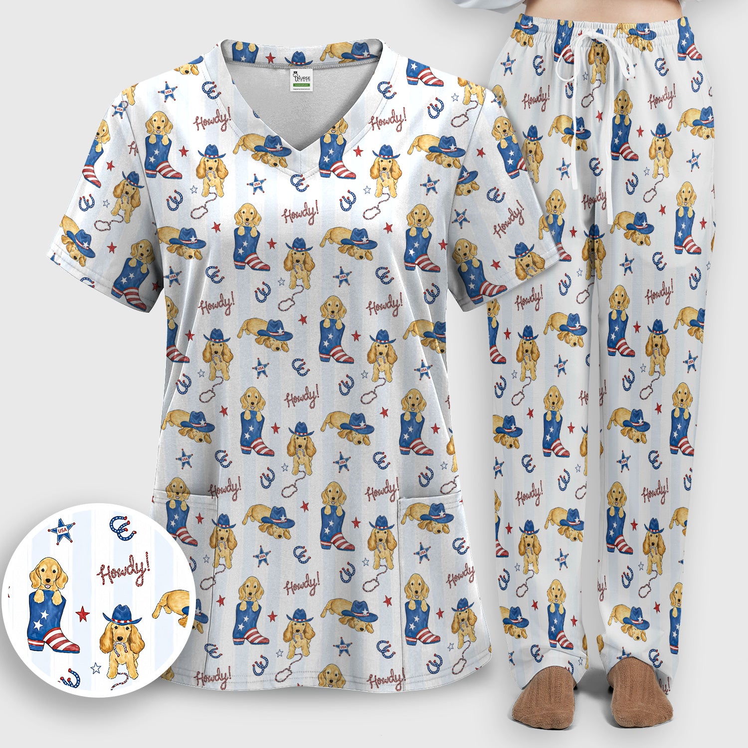 Patriotic Howdy Golden Dog Western Pattern Scrub Set, Scrub Pants and V Neck Top