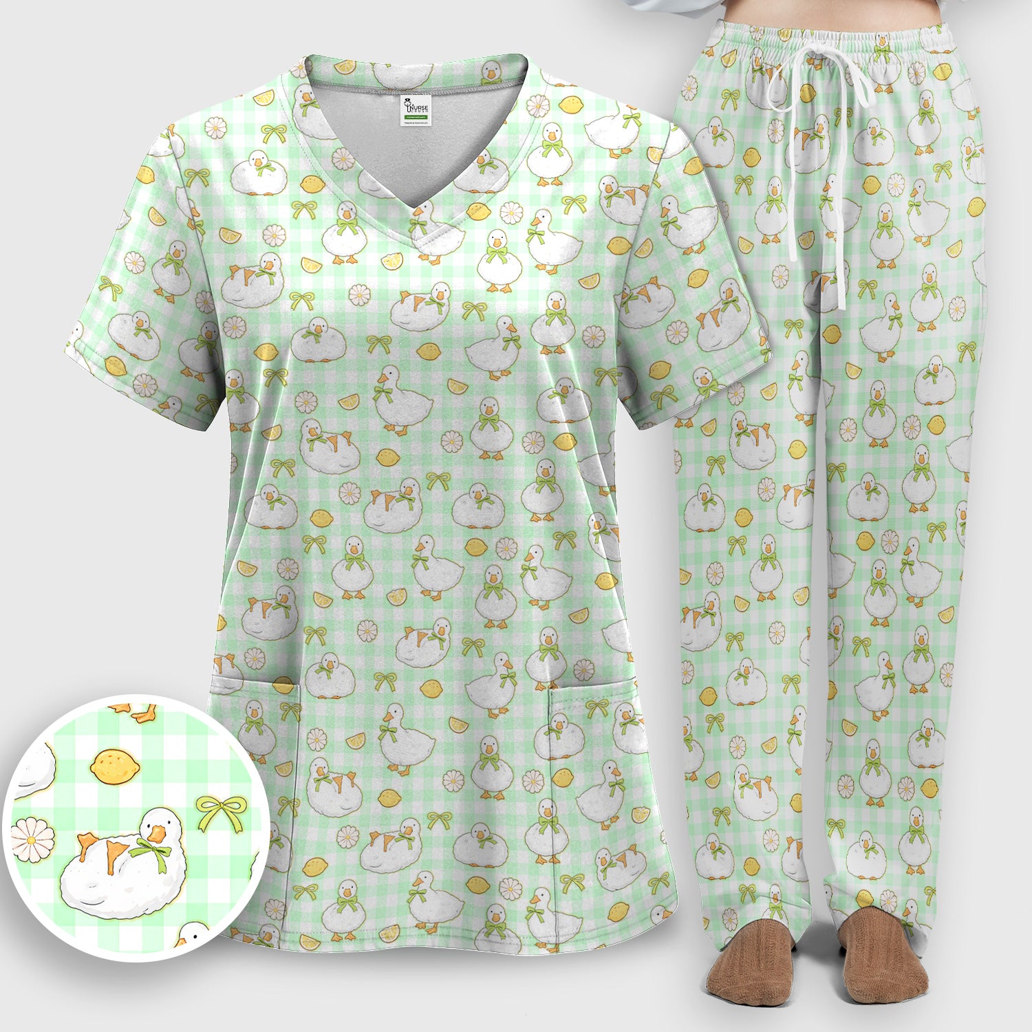 Adorable Ducks Lemon Daisy Pattern Scrubs Sets, Scrub Pants and V Neck Top