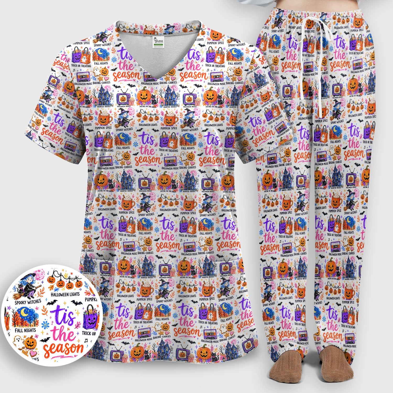 Pumpkin Ghost Spooky Season Print Scrub Set, Scrub Pants and V Neck Top