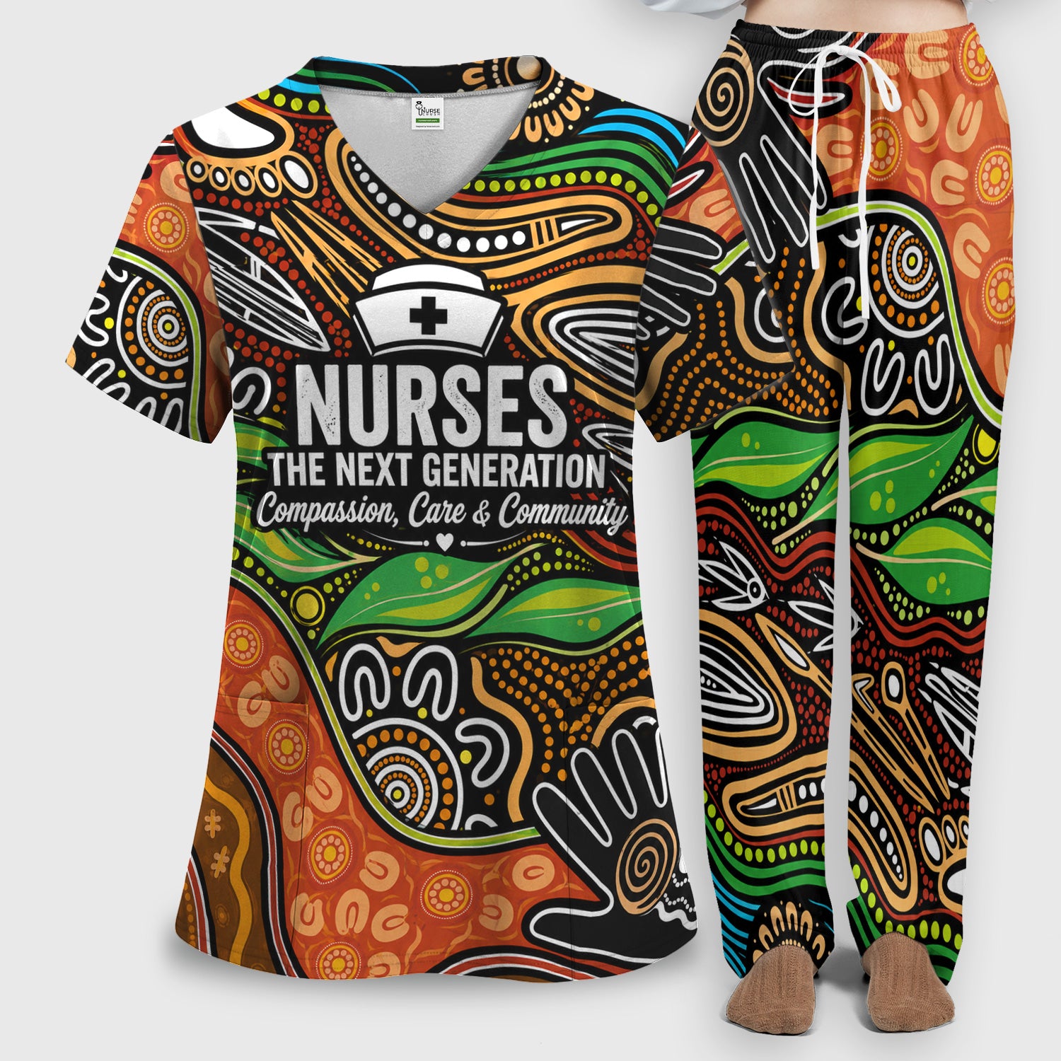 Dot Art Nurse Quote Pattern Scrub Set, Scrub Pants and V Neck Top