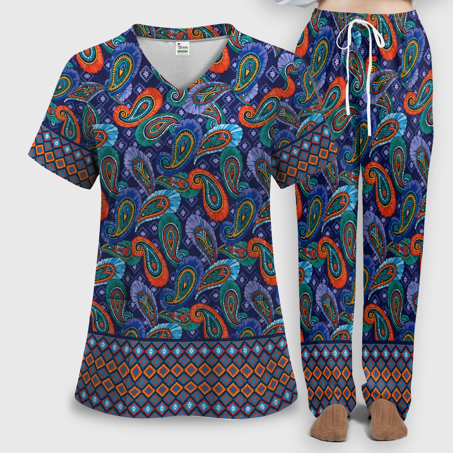 Colorful Paisley Geometric Border Pattern Scrub Set, Scrub Pants and V Neck Top