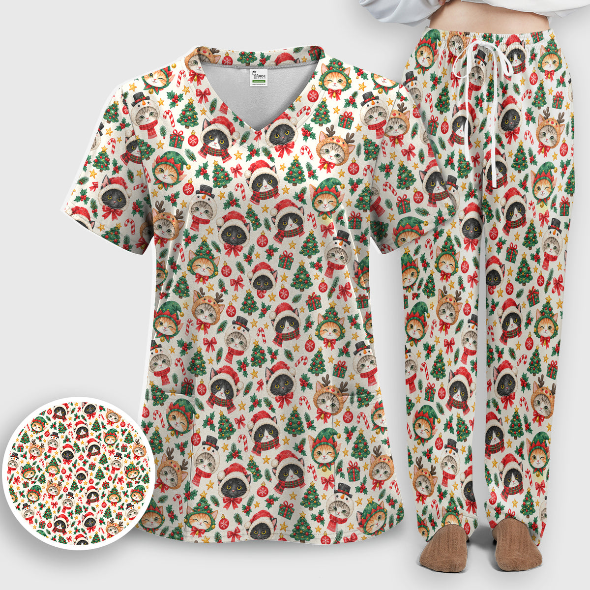 Christmas Cats And Trees Pattern Scrub Set, Scrub Pants and V Neck Top