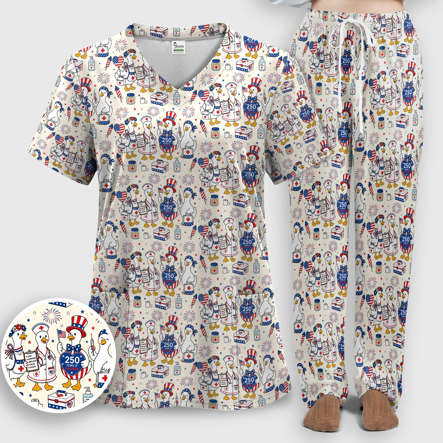 Funny Patriotic Goose Nurse for RN, CNA, Healthcare Workers Scrub Set, Scrub Pants and V Neck Top