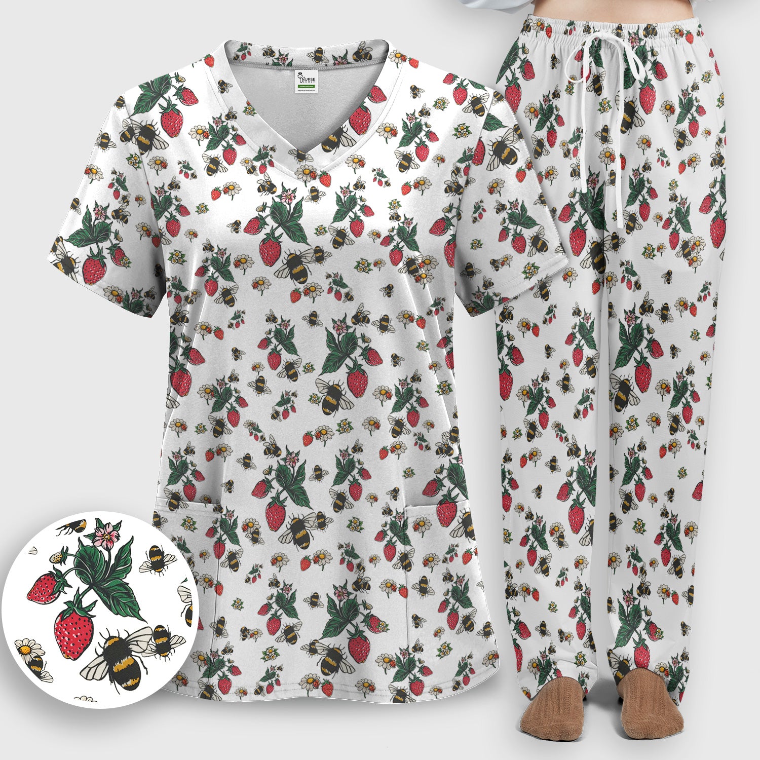 Cute Strawberry Bee Daisy Floral Pattern Scrub Set, Scrub Pants and V Neck Top
