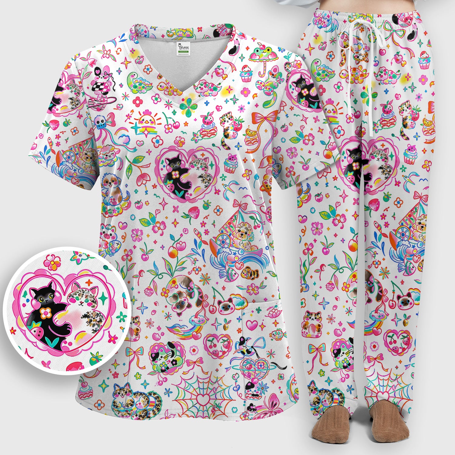 Colorful Kawaii Cat Heart Doodle Pattern Scrub Set, Scrub Pants and V Neck Top