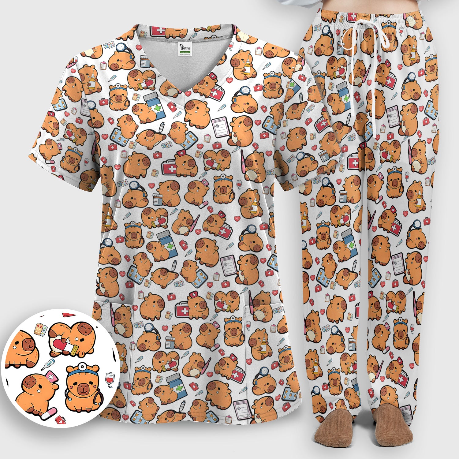 Capybara With Stethoscope And Medical Tools Seamless Scrub Set, Breathable Med Uniform