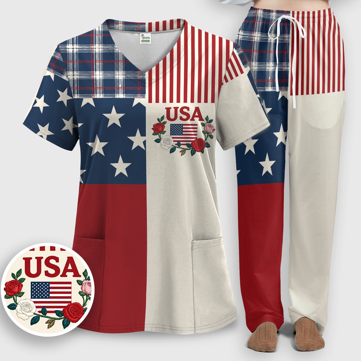 USA Flag Rose Patchwork Pattern Scrub Set, Scrub Pants and V Neck Top
