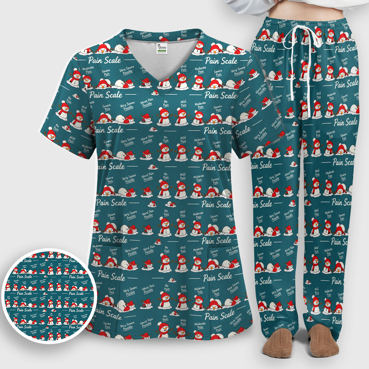 Funny Christmas Snowman Pain Scale Scrub Set, Scrub Pants and V Neck Top