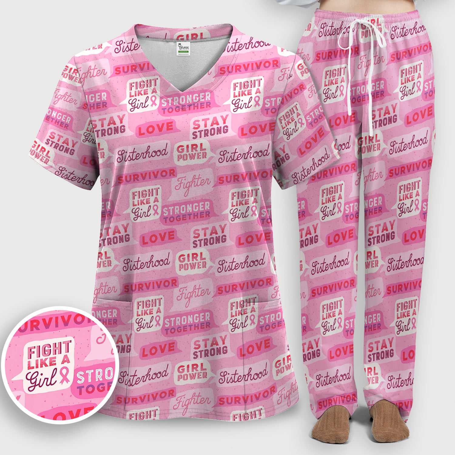 Pink Ribbon Quotes Scrub Set, Scrub Pants and V Neck Top