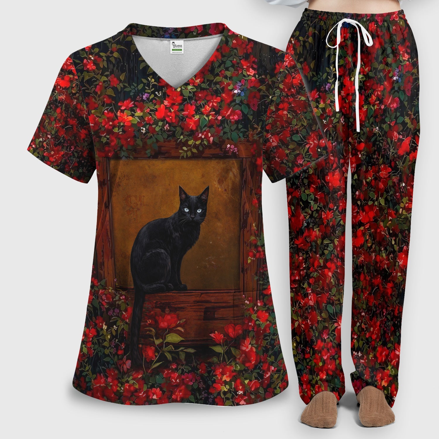 Black Cat Sitting By Red Floral Garden Window Scrub Set, Scrub Pants and V Neck Top