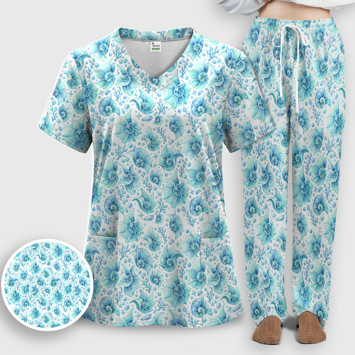 Blue Watercolor Seashell Pattern Scrub Set, Scrub Pants and V Neck Top
