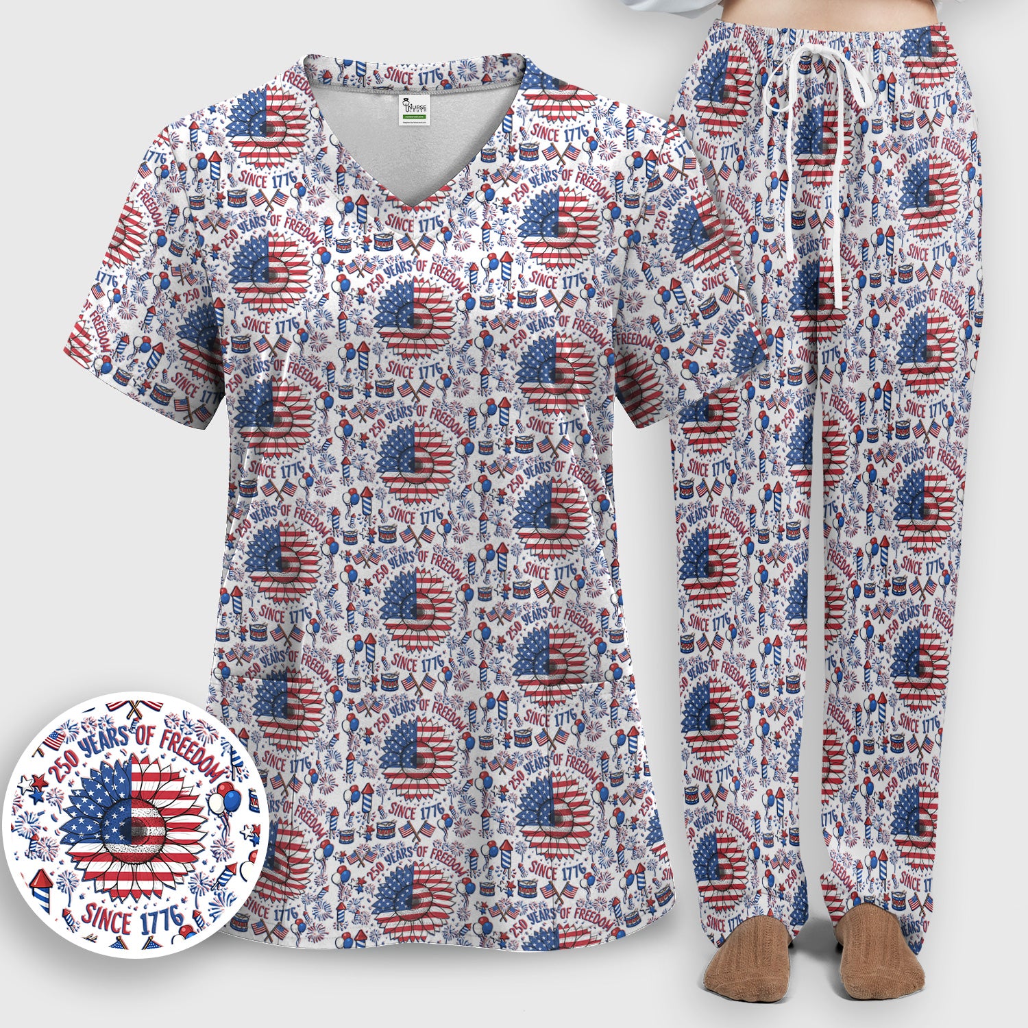 Festive Patriotic Sunflower American Flag Fireworks Pattern Scrub Set, Breathable Med Uniform