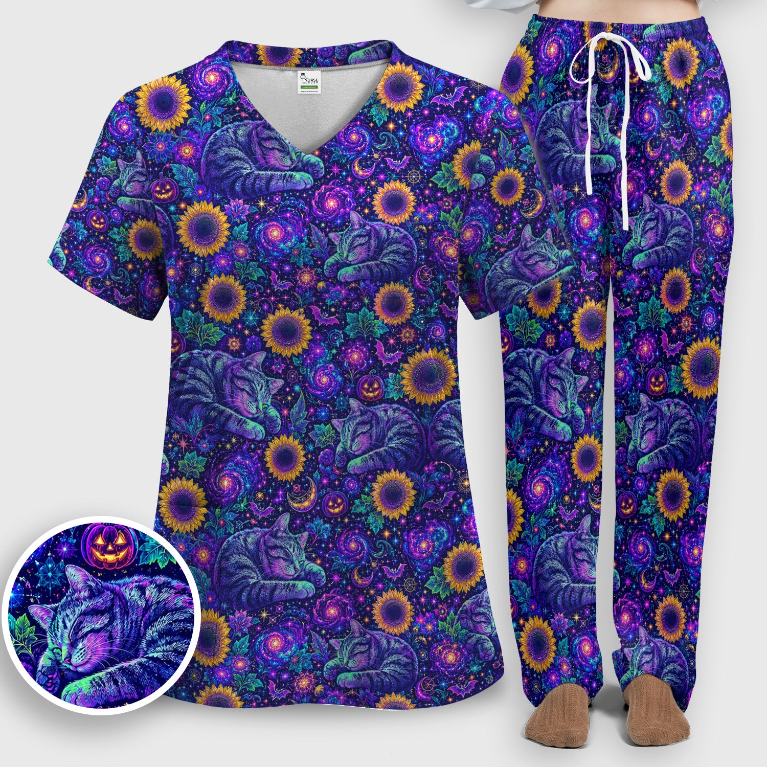 Spooky Galaxy Cat And Sunflowers Scrub Set, Scrub Pants and V Neck Top