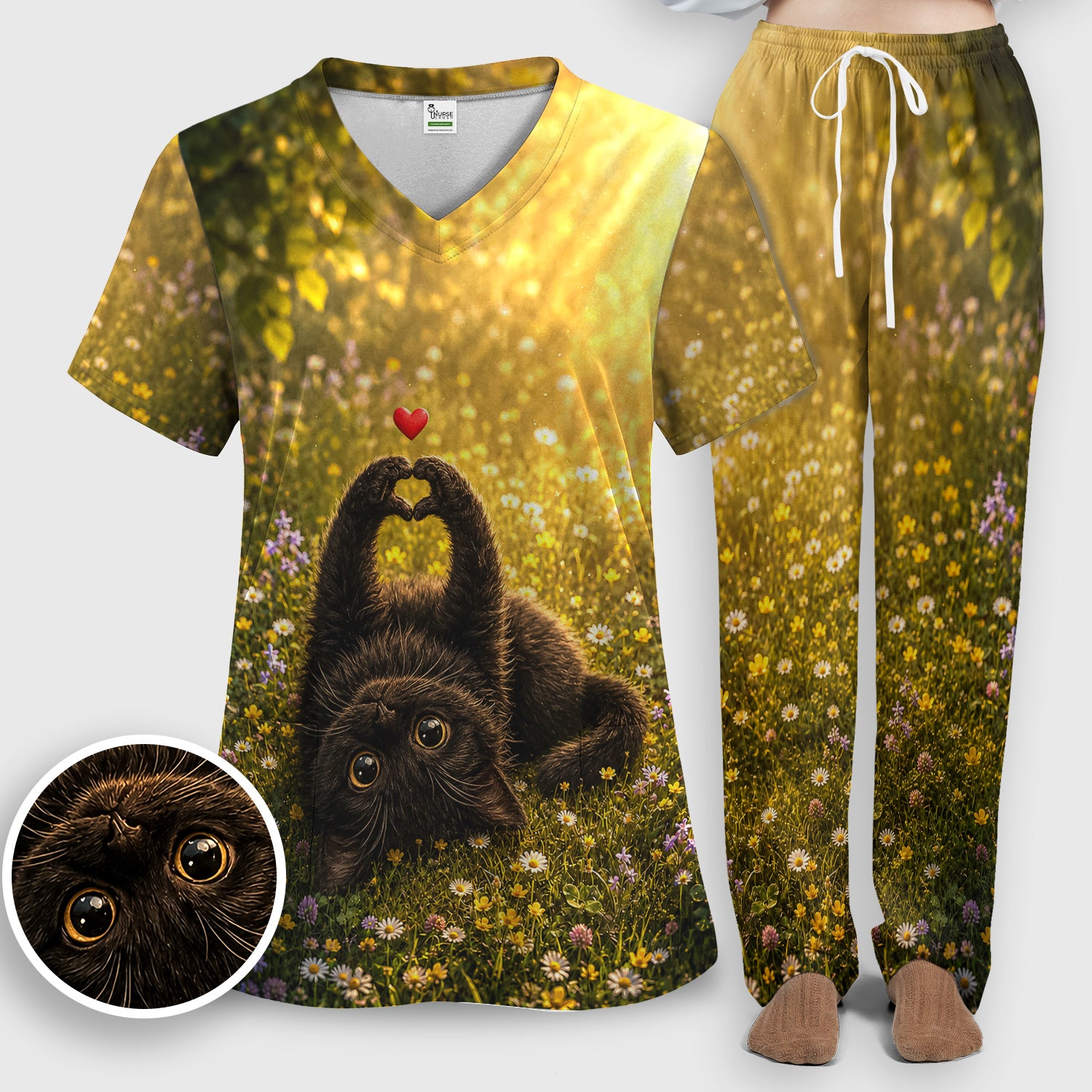 Upside Down Black Cat Meadow Pattern Scrub Set, Scrub Pants and V Neck Top