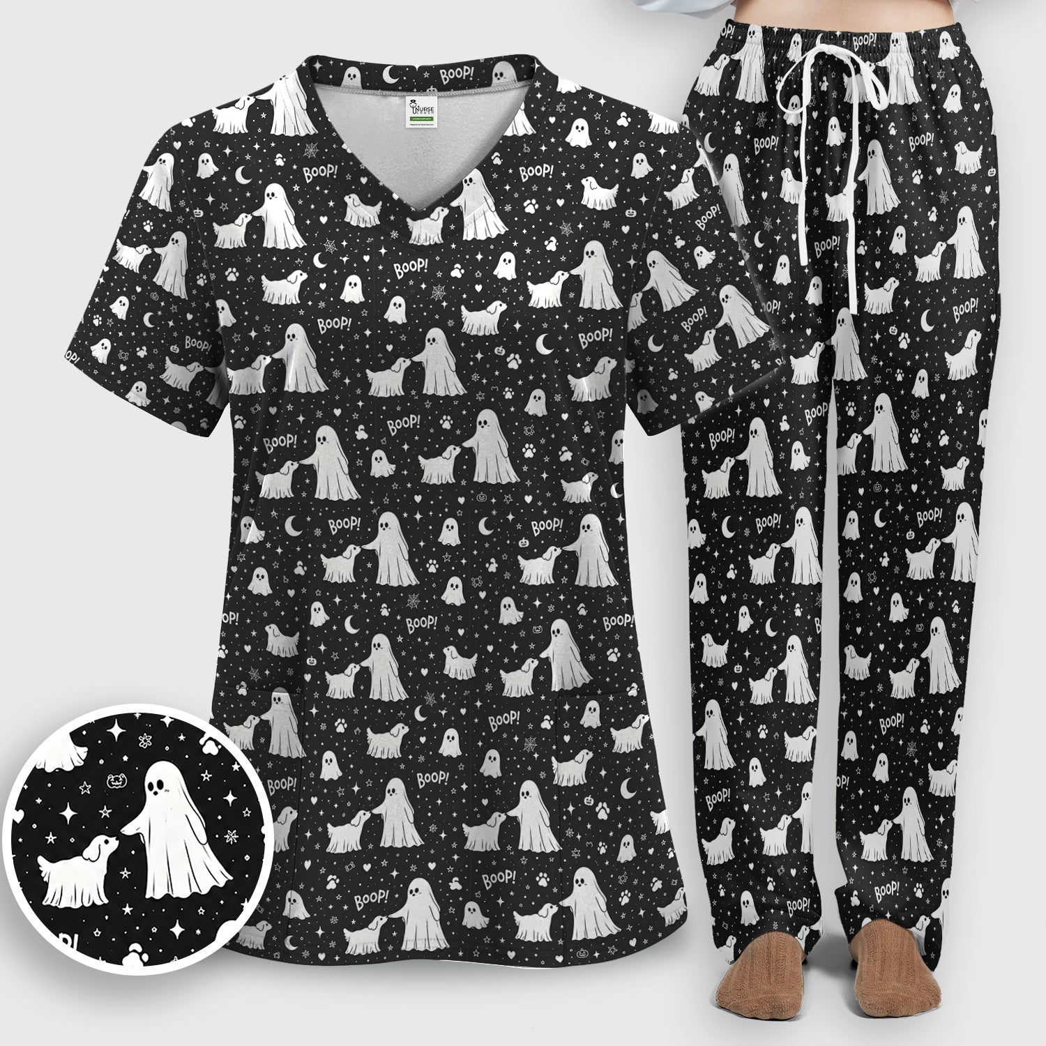 Halloween Ghost Boop Dog Pattern Scrub Set, Scrub Pants and V Neck Top