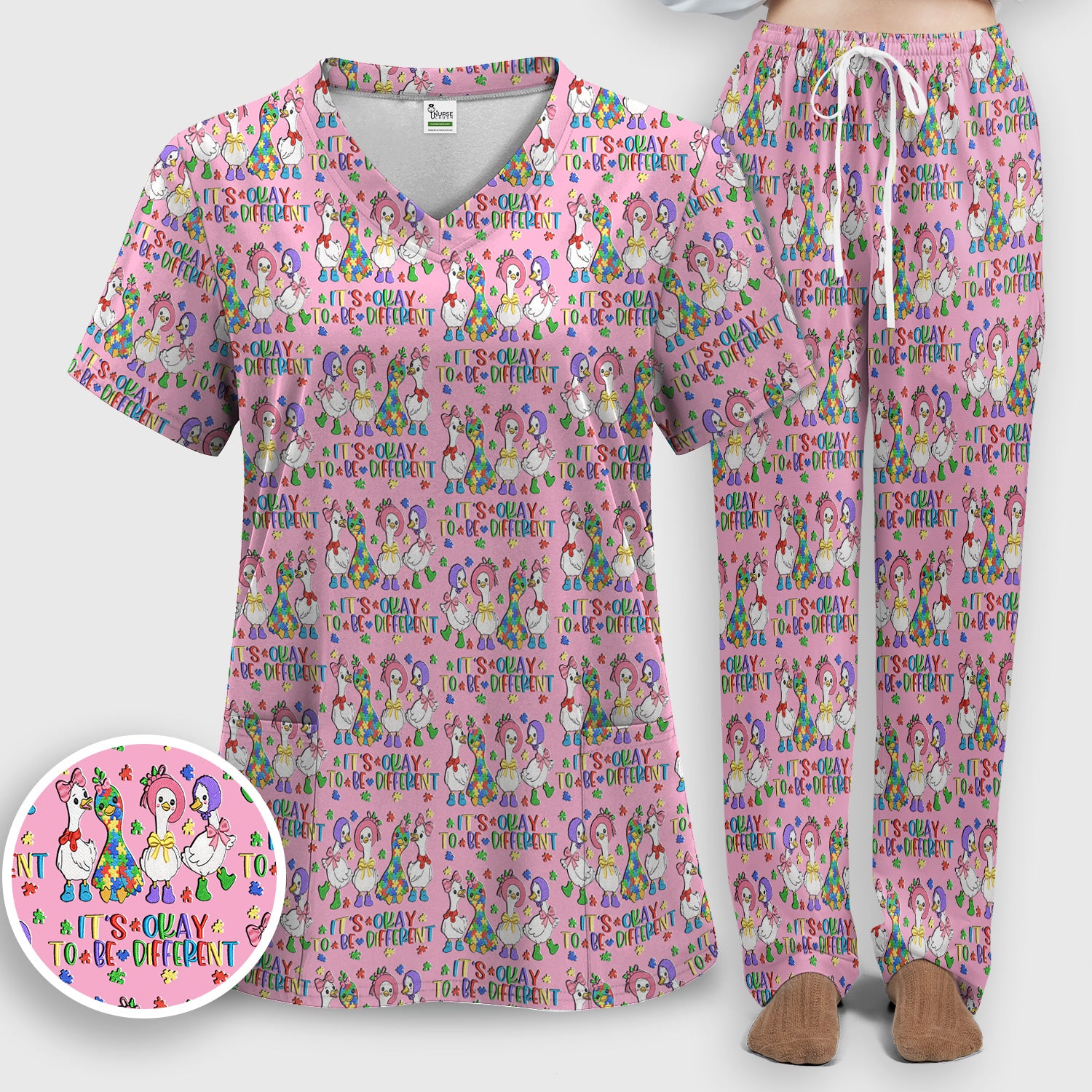 It’s Okay To Be Different Duck Pattern Scrub Set, Nurse Uniform Scrubs Set