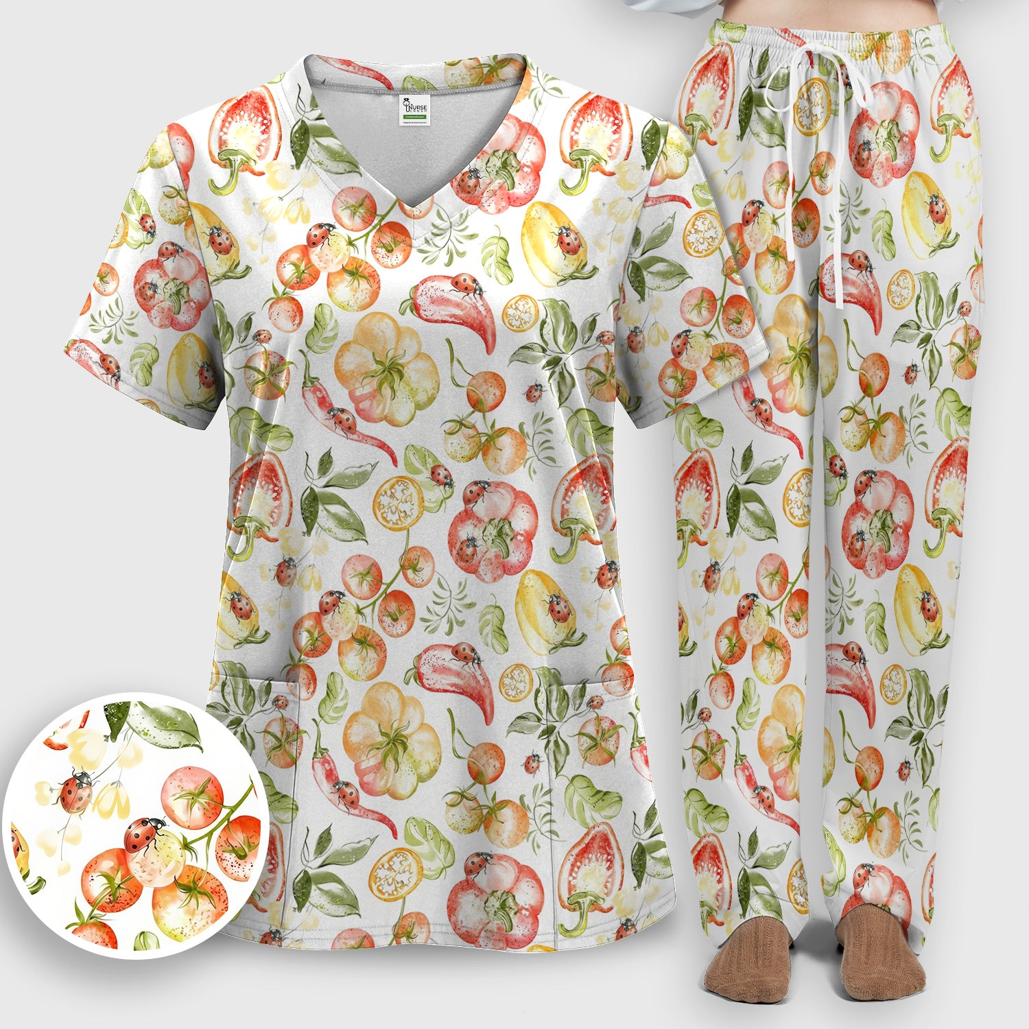 Cute Watercolor Veggie Ladybug Pattern Scrub Set, Scrub Pants and V Neck Top