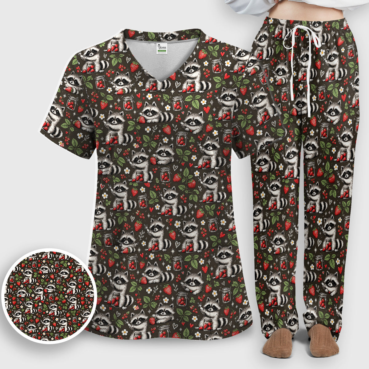 Cute Raccoons And Strawberries Pattern Scrub Set, Scrub Pants and V Neck Top