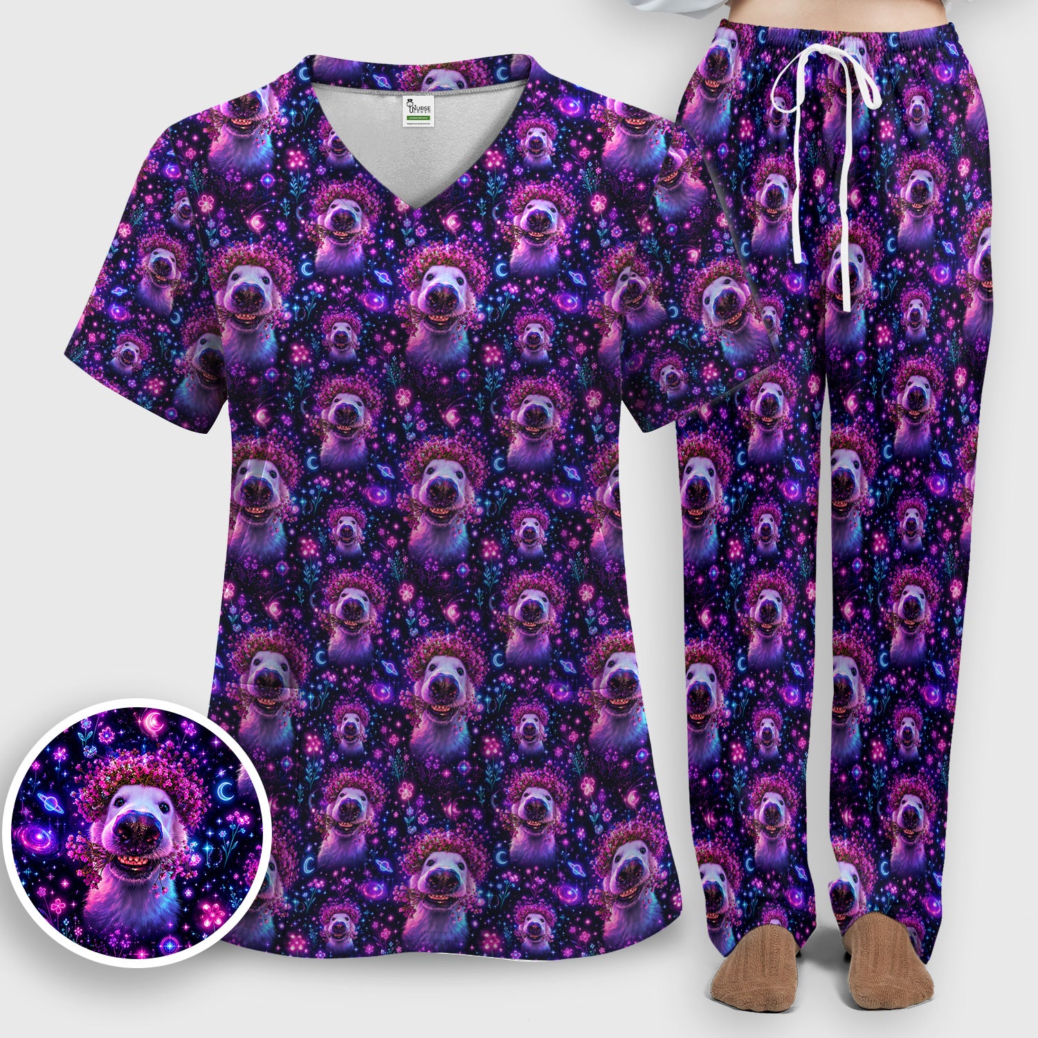 Galaxy Golden Retriever Pattern Scrub Set, Scrub Pants and V Neck Top