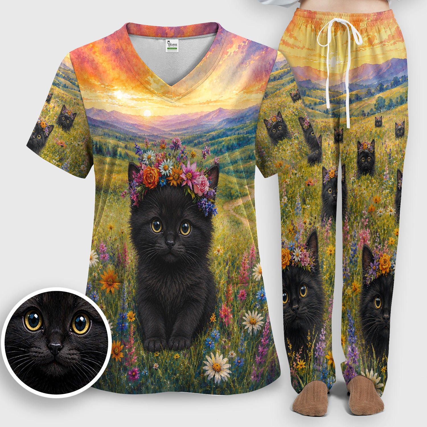 Black Kitten Flower Meadow Pattern Scrub Set, Scrub Pants and V Neck Top