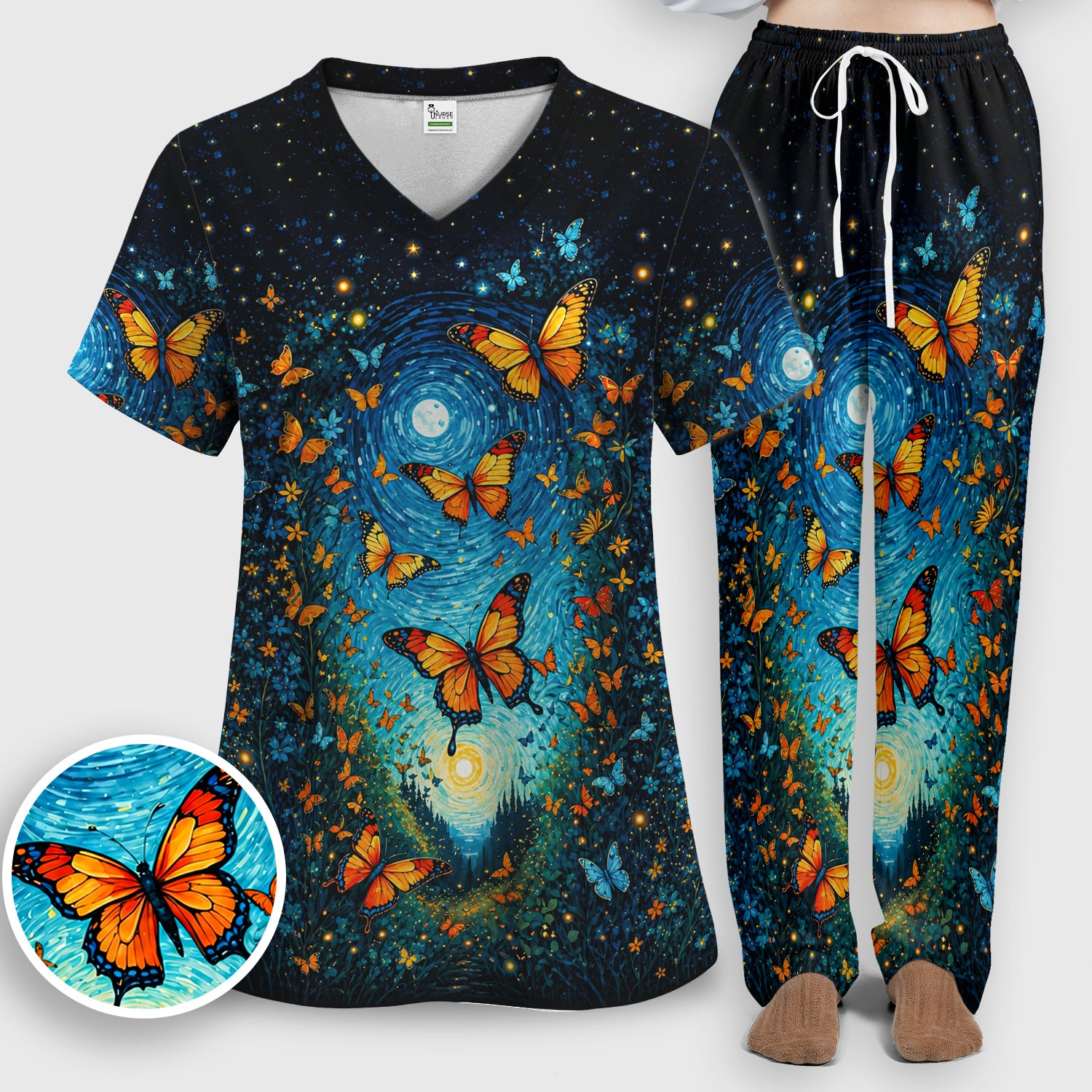 Moonlit Butterfly Nurse Print Scrub Set, Scrub Pants and V Neck Top