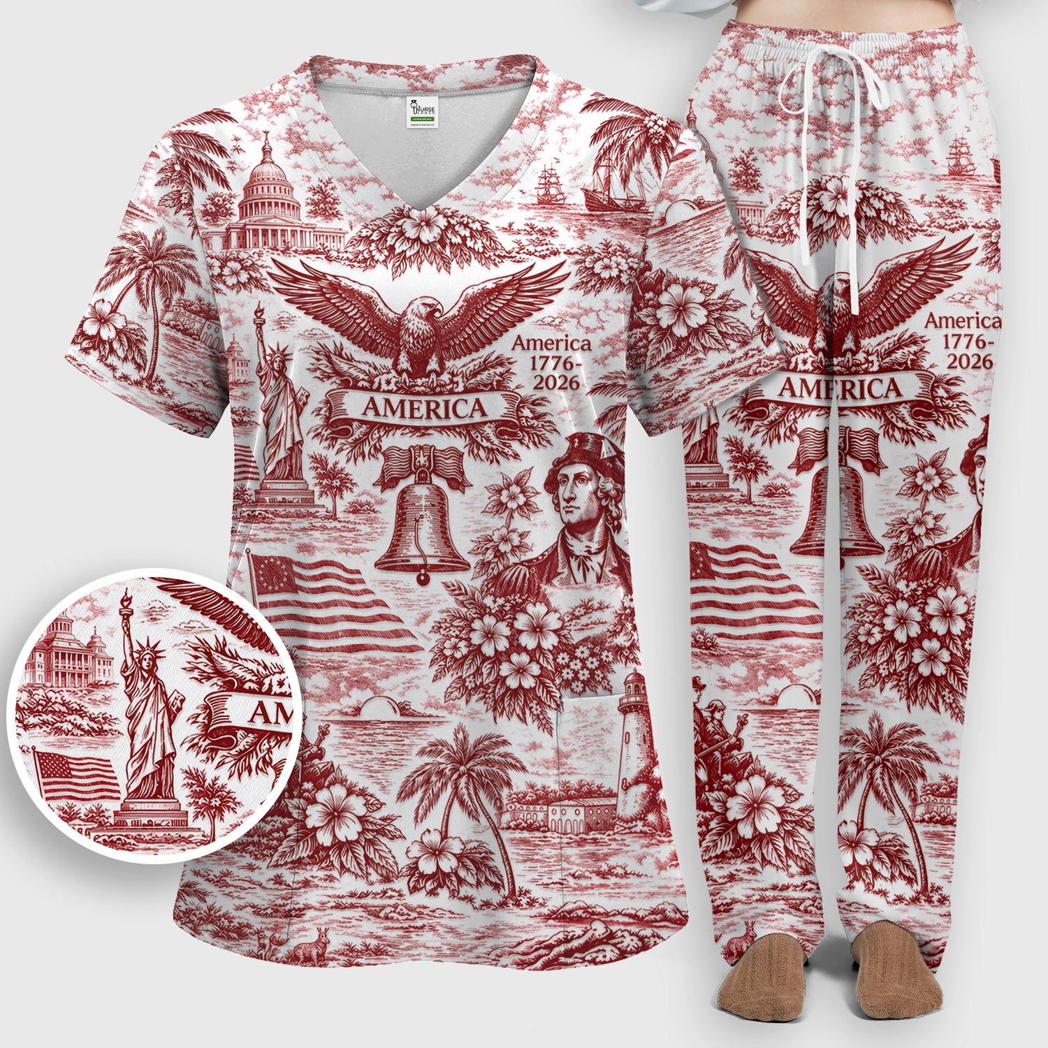 Patriotic America Heritage Toile Pattern Scrub Set, Women's Scrub Sets