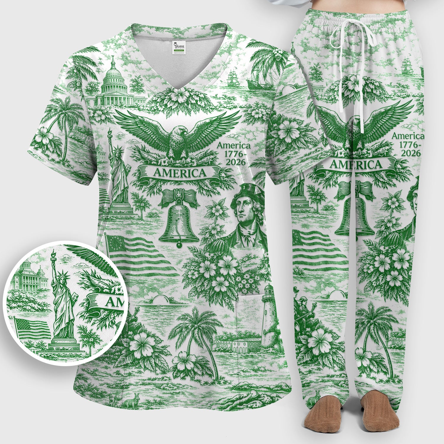 Patriotic America Heritage Toile Pattern Scrub Set, Women's Scrub Sets