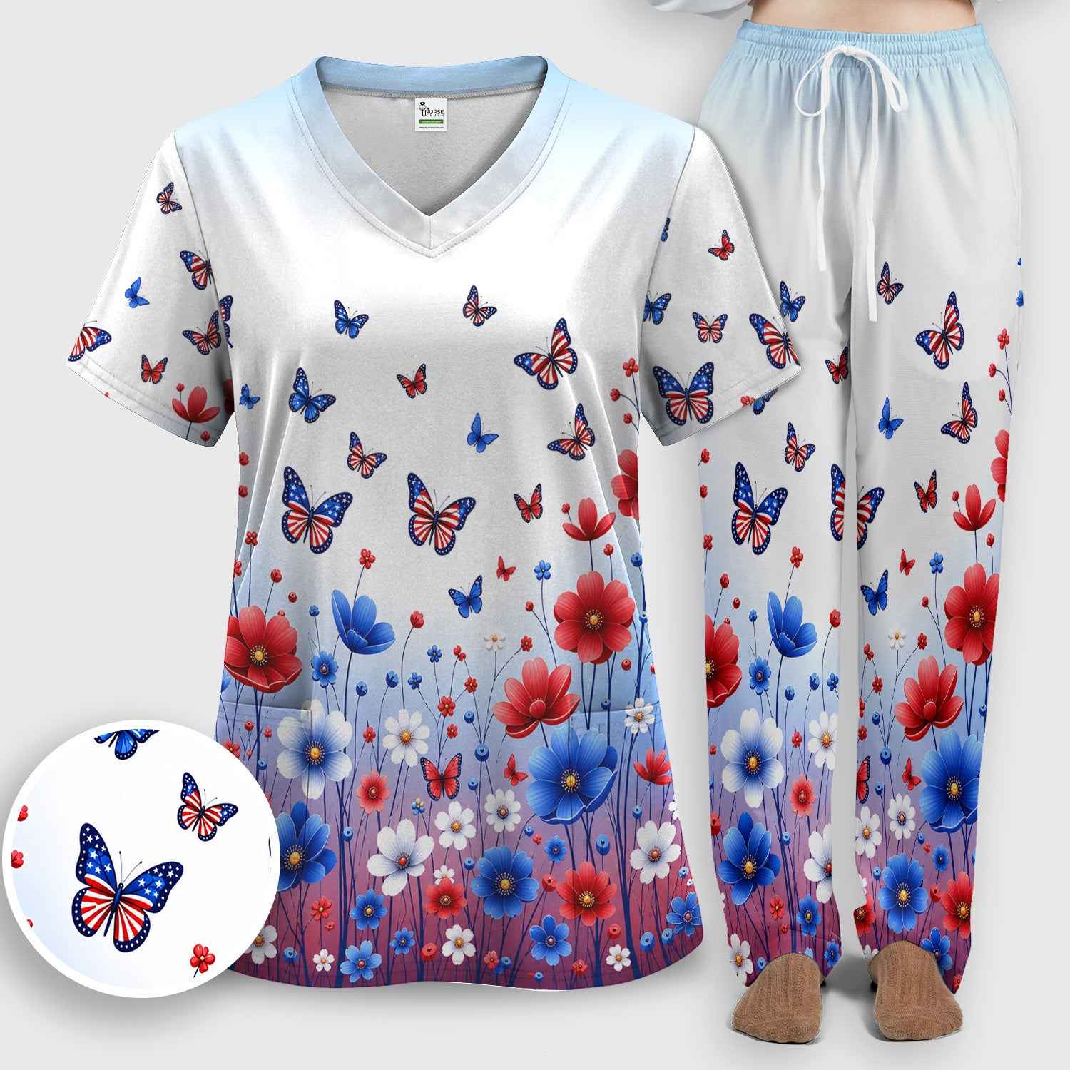 Patriotic Butterfly Wildflower Garden Pattern Scrub Set, Scrub Pants and V Neck Top