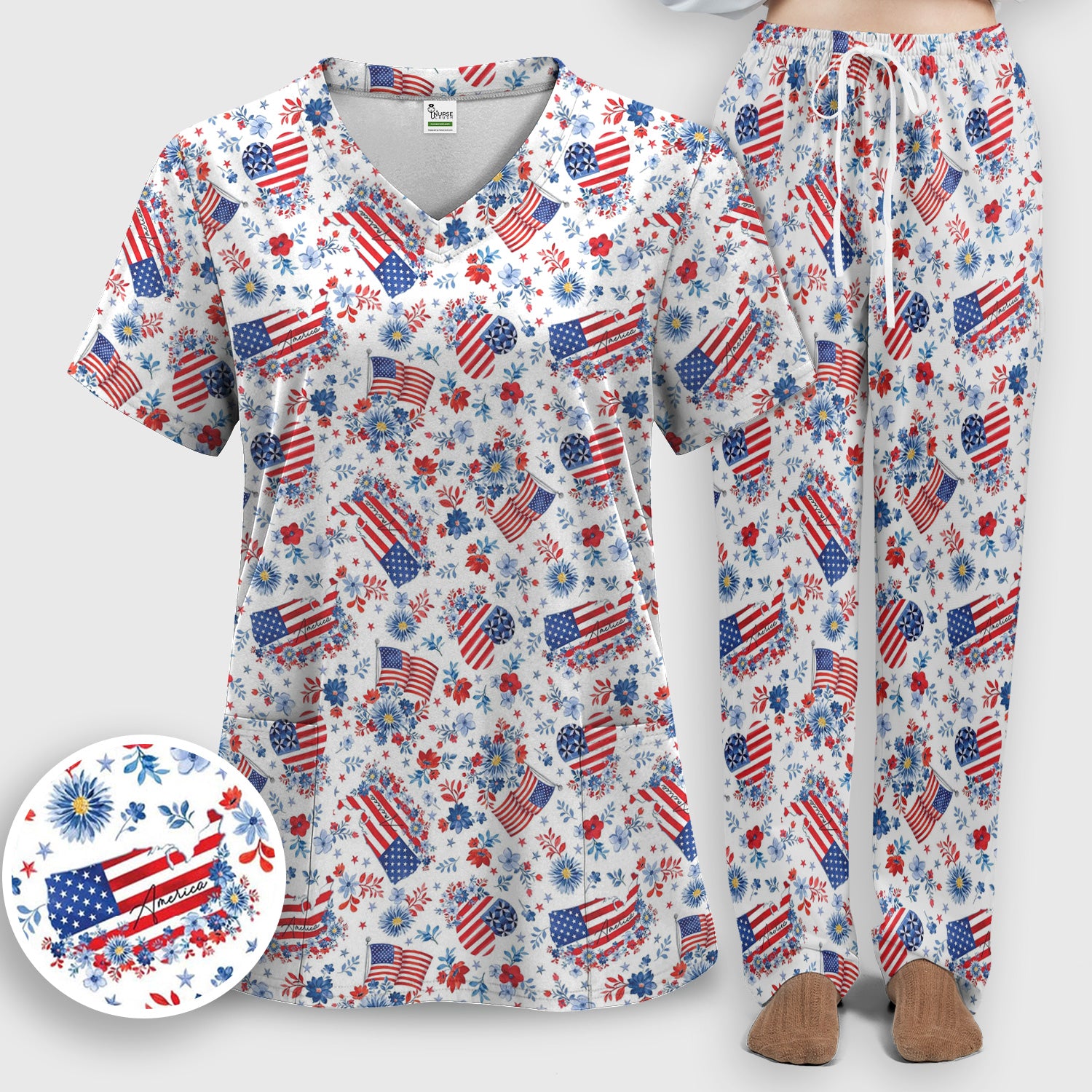 Festive American Flag Heart Floral Pattern Scrub Set, Scrub Pants and V Neck Top