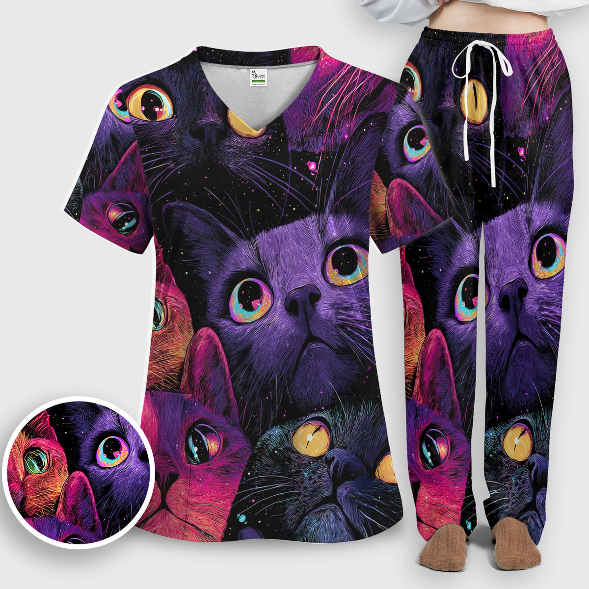 Colorful Neon Cat Faces Scrub Set, Scrub Pants and V Neck Top