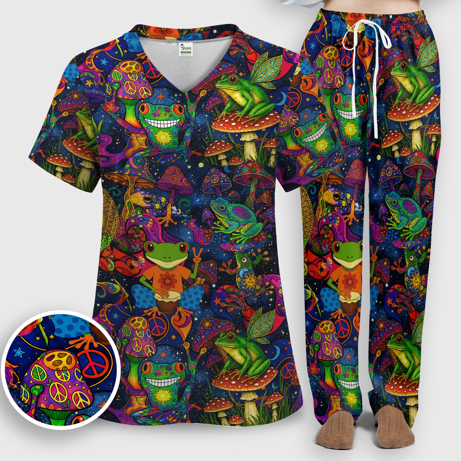 Psychedelic Frog with Mushroom Peace Print Scrub Set, Scrub Pants and V Neck Top