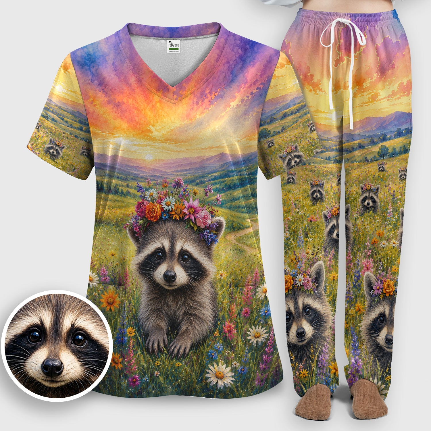 Floral Raccoon Meadow Veterinary Nurse Pattern Scrub Set, Scrub Pants and V Neck Top