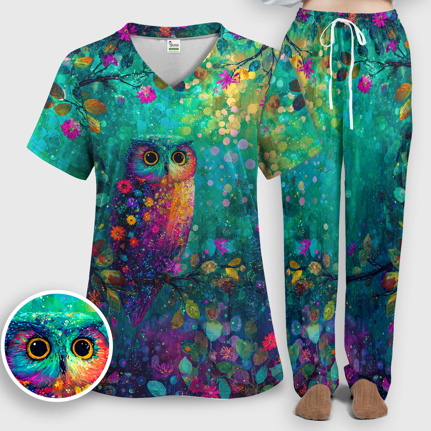 Vibrant Neon Owl Pattern, Colorful Forest Medical Scrub Set, Scrub Pants and V Neck Top
