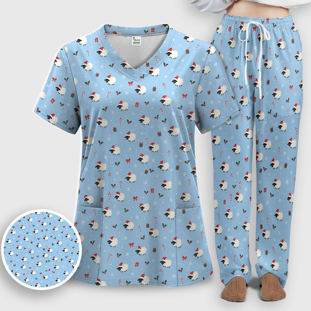 Cute Christmas Sheep Pattern Scrub Set, Scrub Pants and V Neck Top