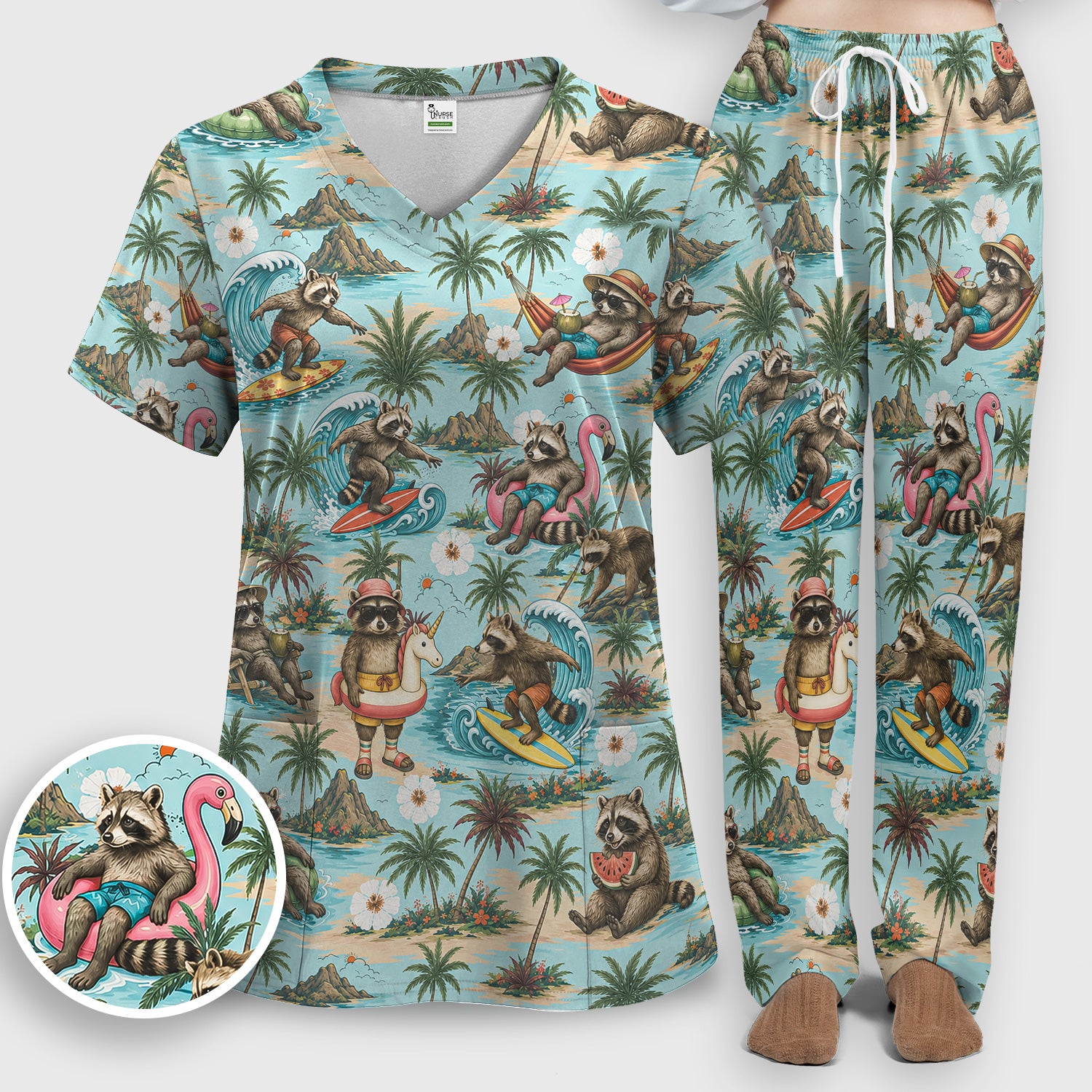 Tropical Raccoon with Surfing Island Beach Print Scrub Set, Scrub Pants and V Neck Top